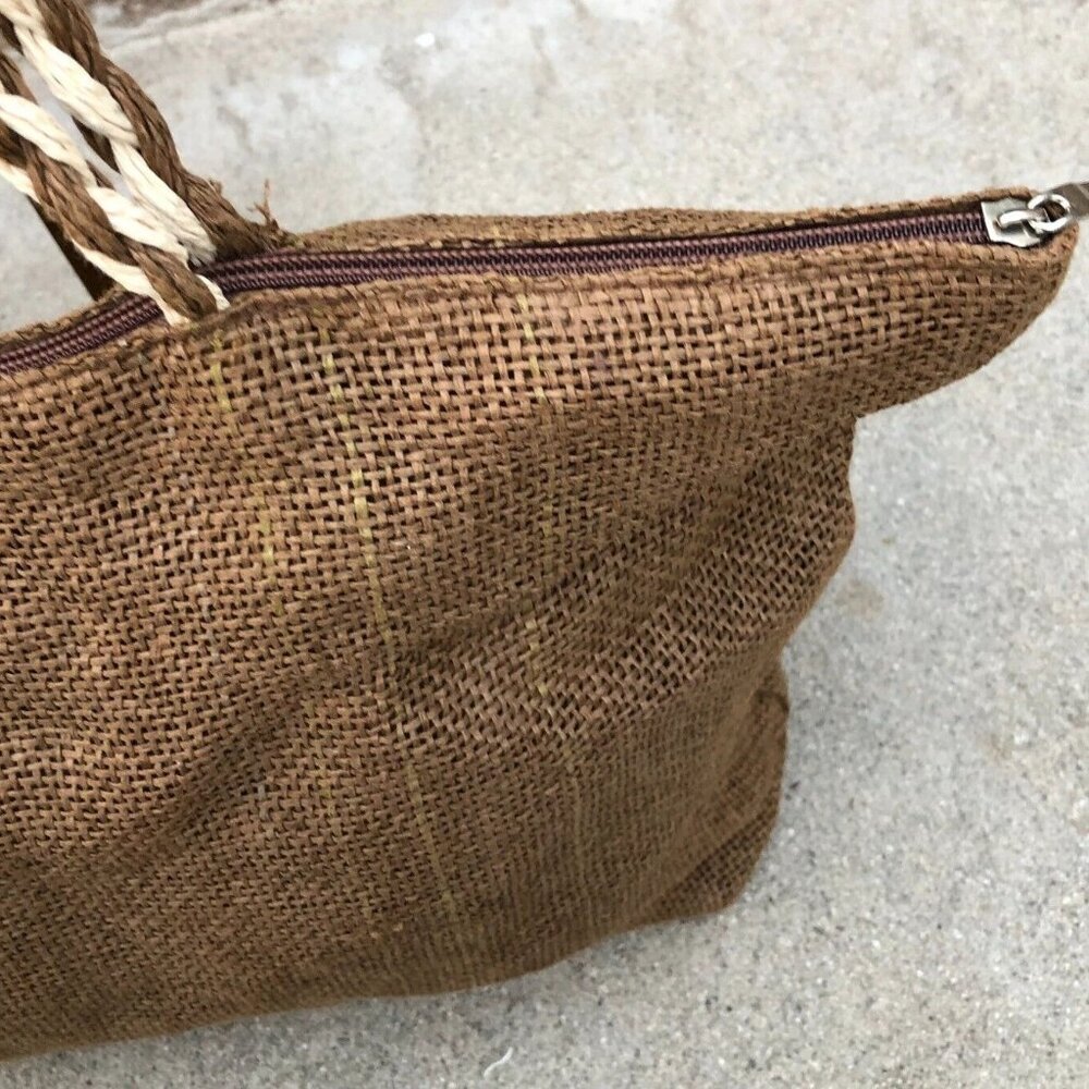 Oversized Raffia Burlap Purse Shoulder Hand Bag Women's Brown Zipper Jute - Picture 9 of 13